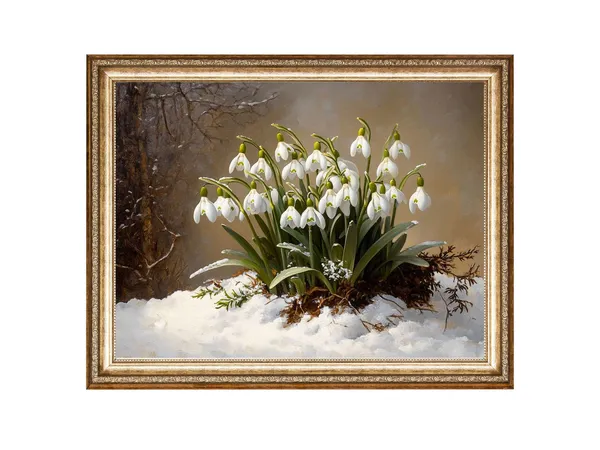Snowdrops in a Snowy Forest, Vintage Mid-Century Art Print
