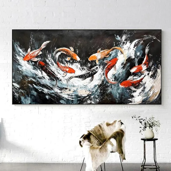Nine Abstract Koi Oil Painting, Living Room Wall Art