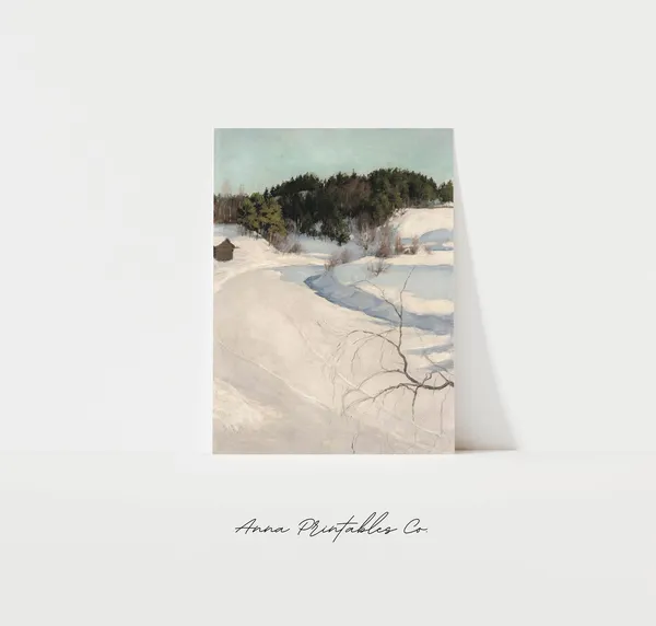 Antique Winter Hillside Landscape, Vintage Christmas Art Print