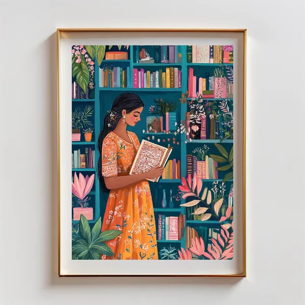 Book Worm Indian Girl Art Print, South Asian Decor