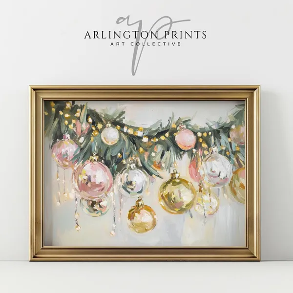 Golden Pink Christmas Garland Art Print, Holiday Lights