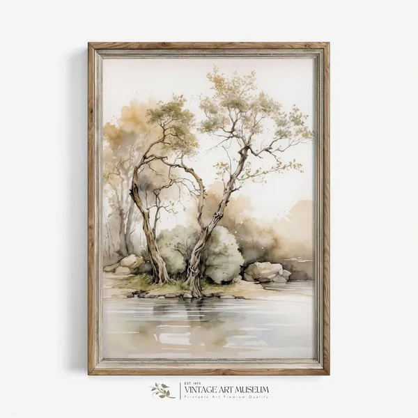 Minimalistic Garden Tree By The River Watercolor Art Print