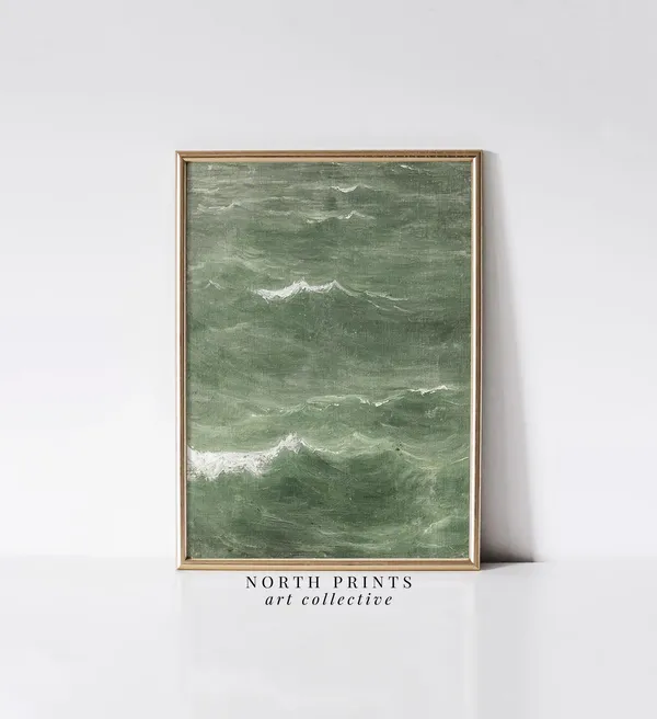 Abstract Green Ocean Waves Art Print, Coastal Decor