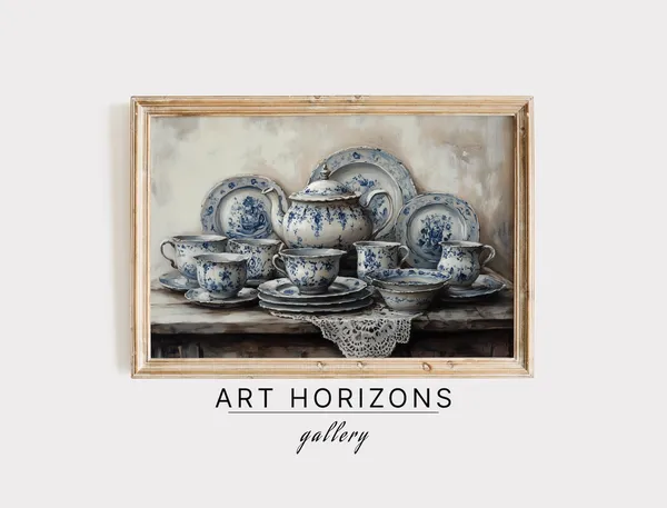 Rustic Teapot Vintage Art Print, Blue Chinoiserie