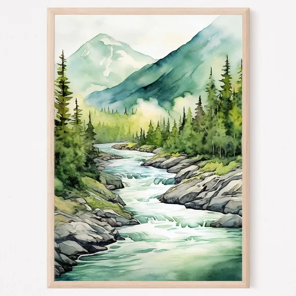 Mountain River Misty Forest Watercolor Art Print