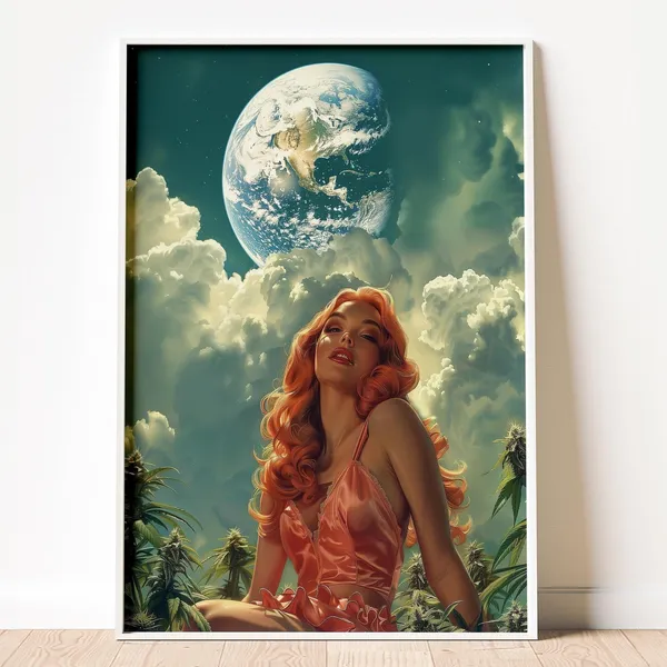 Surreal Cannabis Art Print, Retro Futuristic Woman