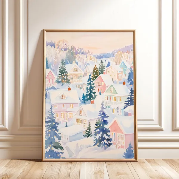Pastel Christmas Winter Village, Holiday Art Print