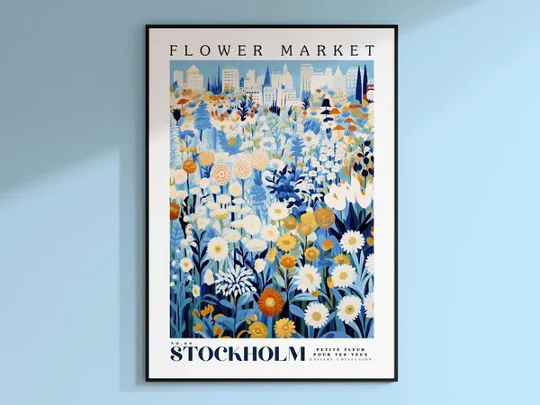 Stockholm Flower Market Travel Poster, Sweden Botanical