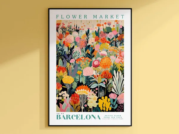 Barcelona Flower Market Travel Poster, Modern Botanical Art