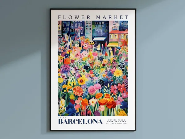 Barcelona Flower Market Travel Poster, Botanical