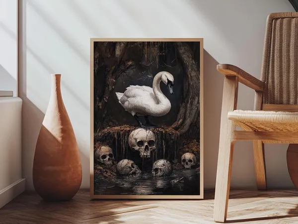 Black Swan Gothic Halloween Art Print, Dark Academia