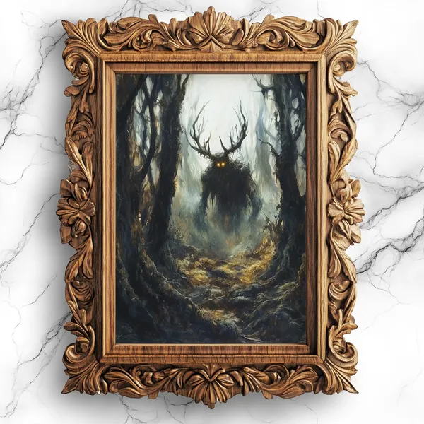 Cryptid Wendigo Forest Oil Painting, Dark Academia