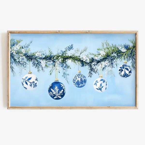 Blue Chinoiserie Christmas Ornaments Garland Art Print