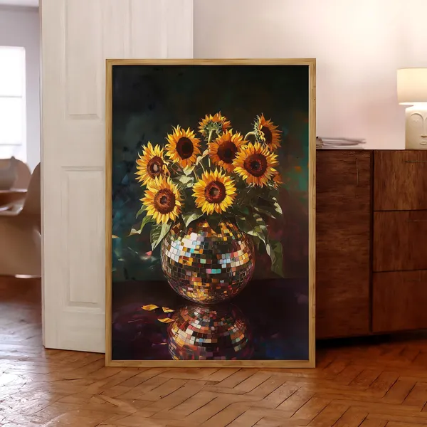 Sunflowers Disco Ball Print, Maximalist Floral Poster