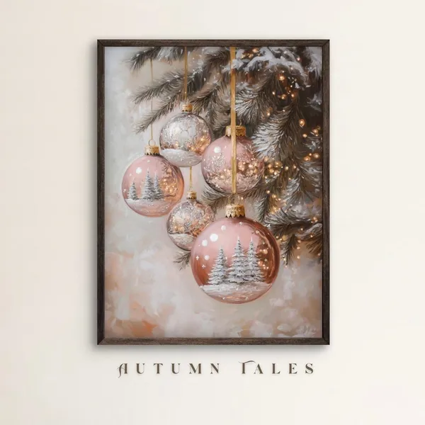 Vintage Christmas Ornaments Art Print, Pink Rose Gold