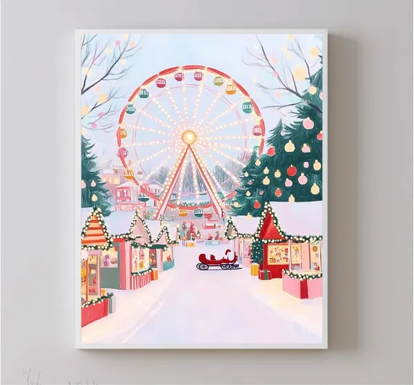Snowy Amusement Park Christmas Scene Art Print