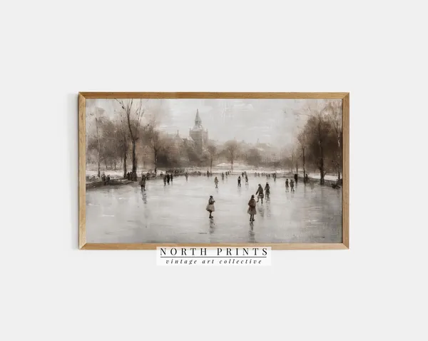 Winter Skating Rink Painting Art, Christmas Farmhouse