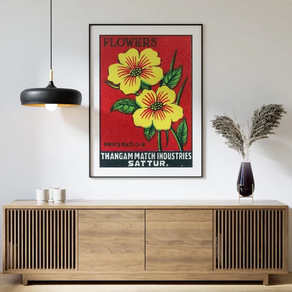 Yellow Flowers Matchbox Print, Vintage India Poster