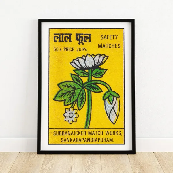 White Flowers Matchbox Print, Vintage India Poster