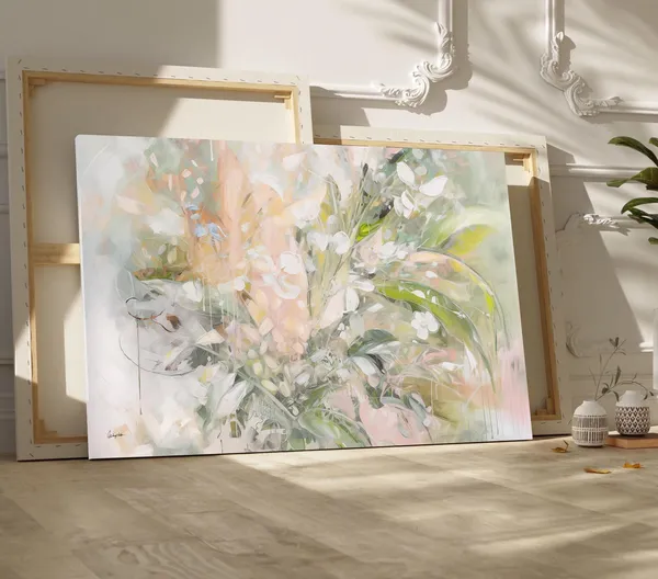 White Flowers Abstract Art Print, Natural Farmhouse