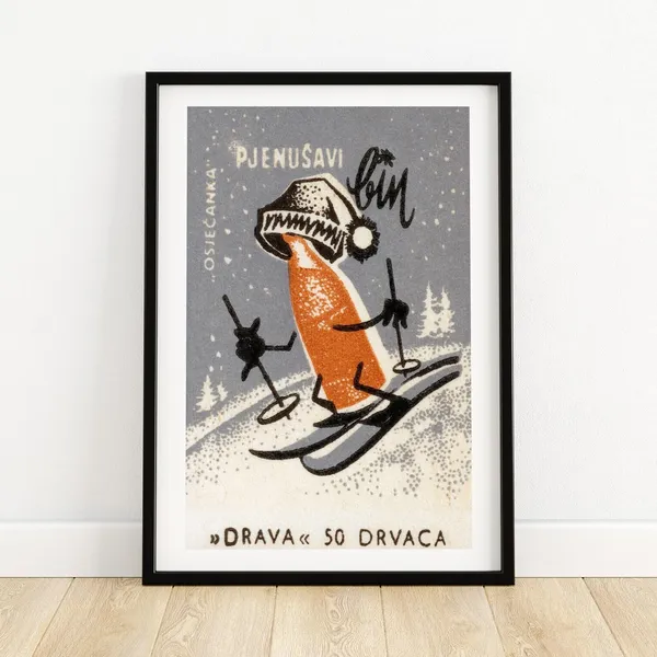 Skiing Beer Matchbox Vintage Eastern Europe Poster