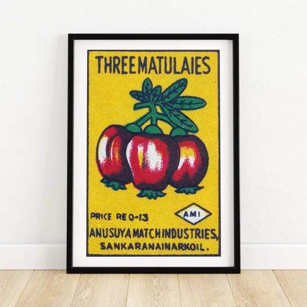 Red Fruit Matchbox Print, Vintage India Poster