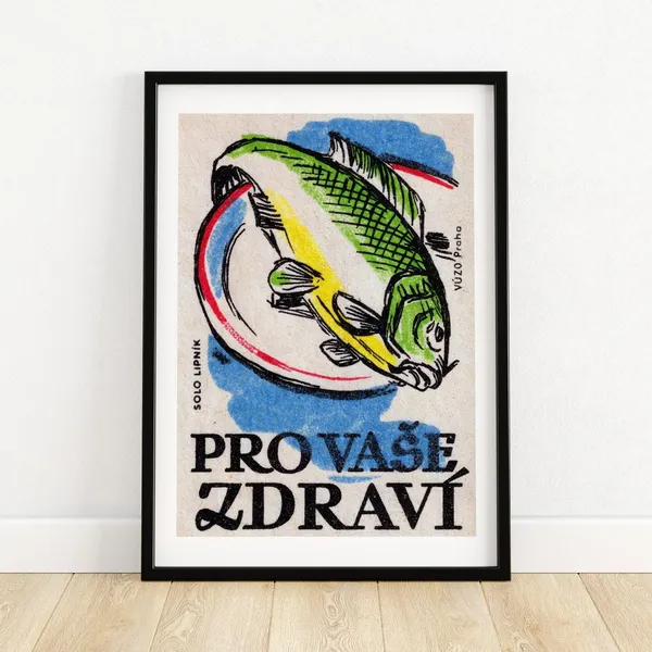 Green Fish On Plate, Vintage Czech Poster Print