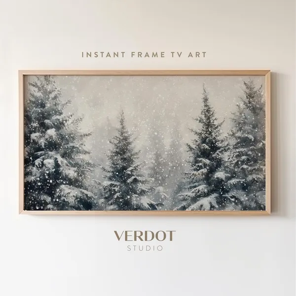 Snowy Winter Trees Christmas Art Print, Evergreen Landscape