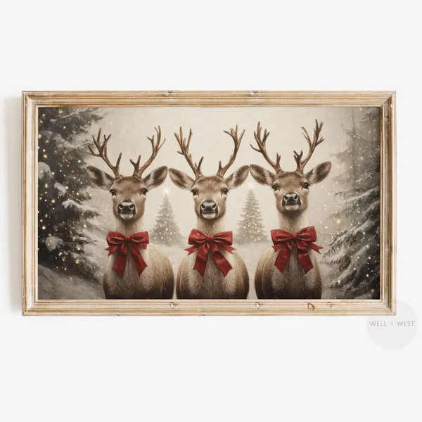Moody Christmas Reindeer In Red Bows Art Print