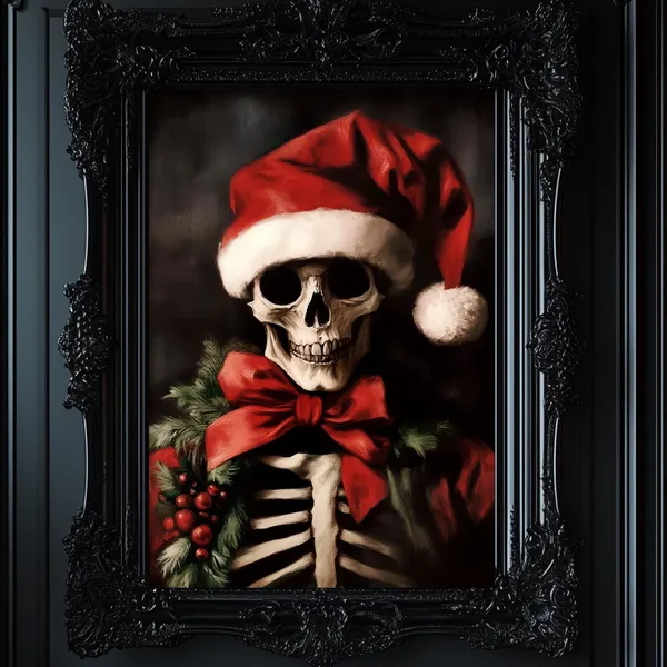 Christmas Skeleton Portrait, Gothic Christmas Art Print