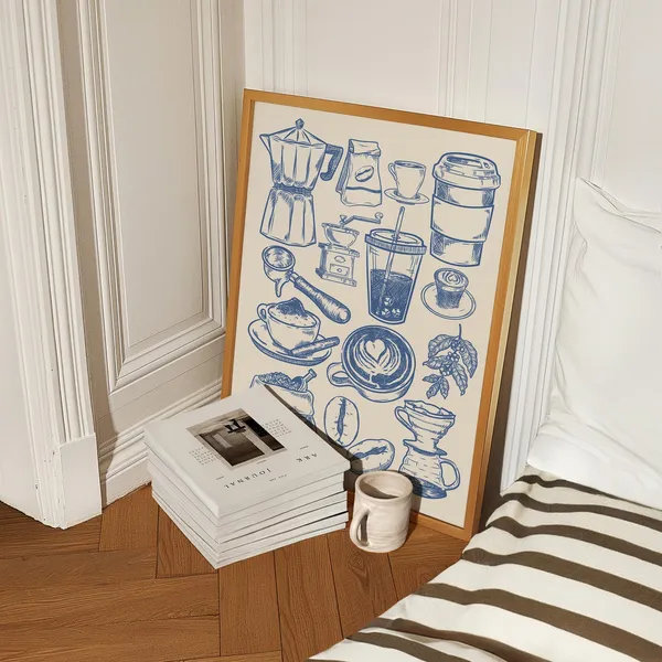Coffee Wall Art, Navy Coffee Bar Art Print