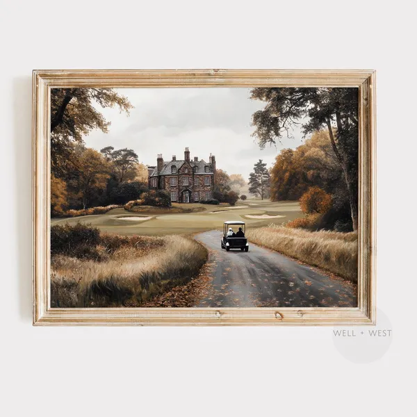 Golf Course Painting Vintage Style Autumn Landscape