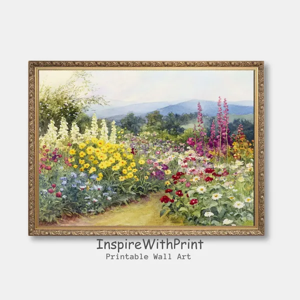 Watercolor Flower Garden Painting, Cottage Spring Landscape
