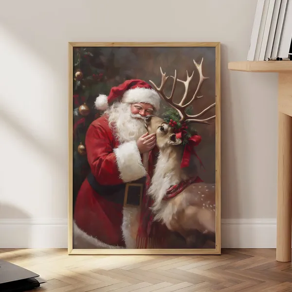 Santa And Reindeer Christmas Vintage Holiday Poster