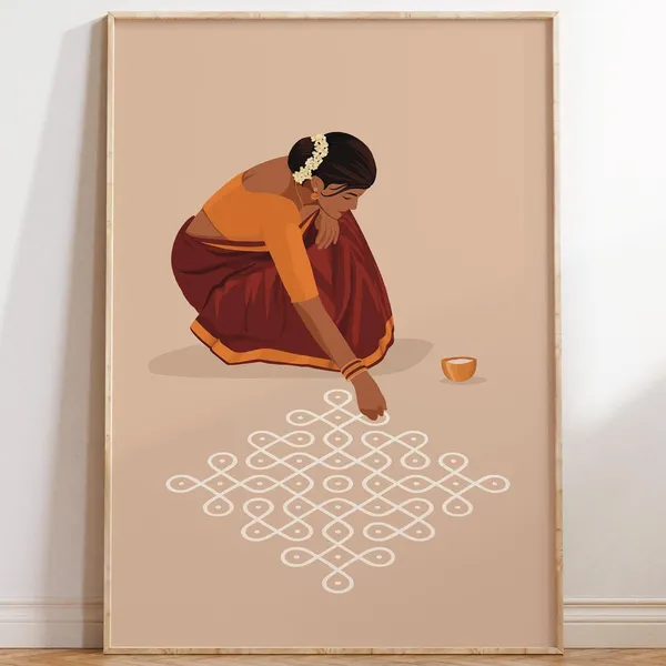 Indian Woman In Saree Creating Rangoli Art Print