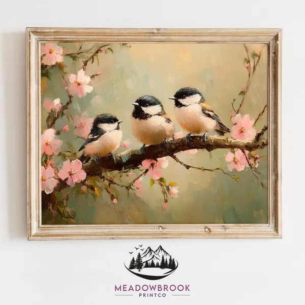 Chickadees on Cherry Branch Art Print, Cottagecore