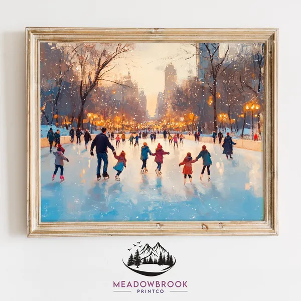 Winter Ice Skaters in Snowy City Park, Art Print