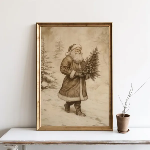 Vintage Christmas Santa Art Print, Neutral Holiday Decor