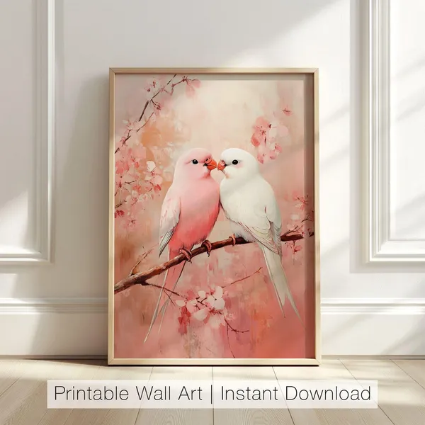 Pink Love Birds On Branch Art Print, Valentine Decor
