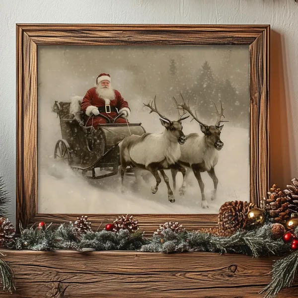 Vintage Santa Claus Sleigh With Reindeer Art Print