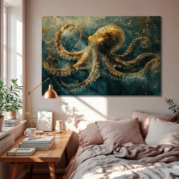 Golden Octopus Abstract Deep Sea Nautical Art Print