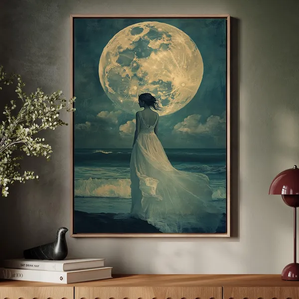 Moonlit Ocean Woman in White Dress Art Print