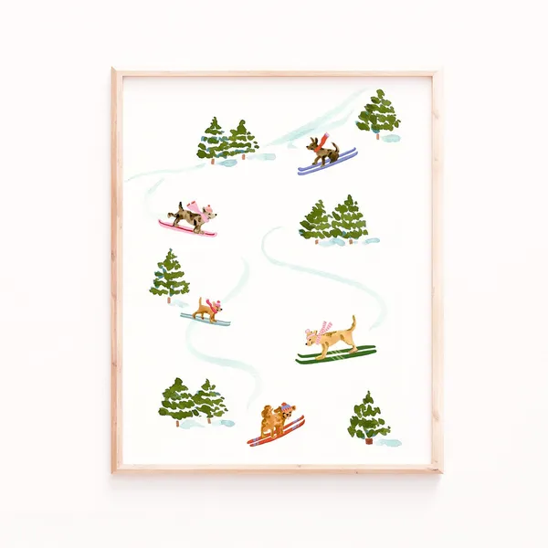 Skiing Dogs Cute Winter Art Print, Boho Christmas