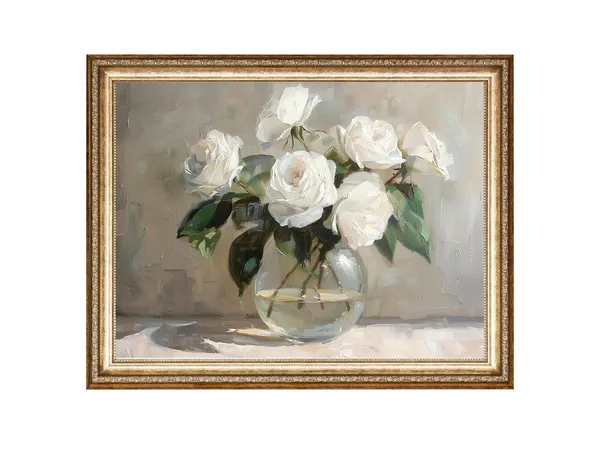 White Roses Vintage Flower Art Print, Cottage Core