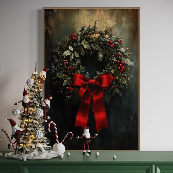 Vintage Christmas Wreath, Rustic Holiday Art Print