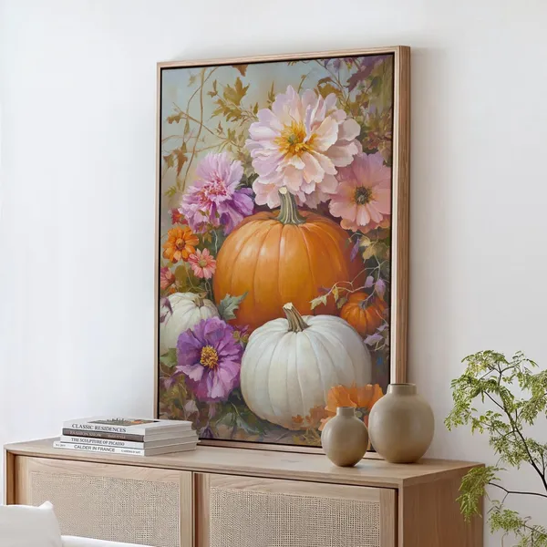 Autumn Pumpkin Floral Art, Rustic Fall Wall Decor