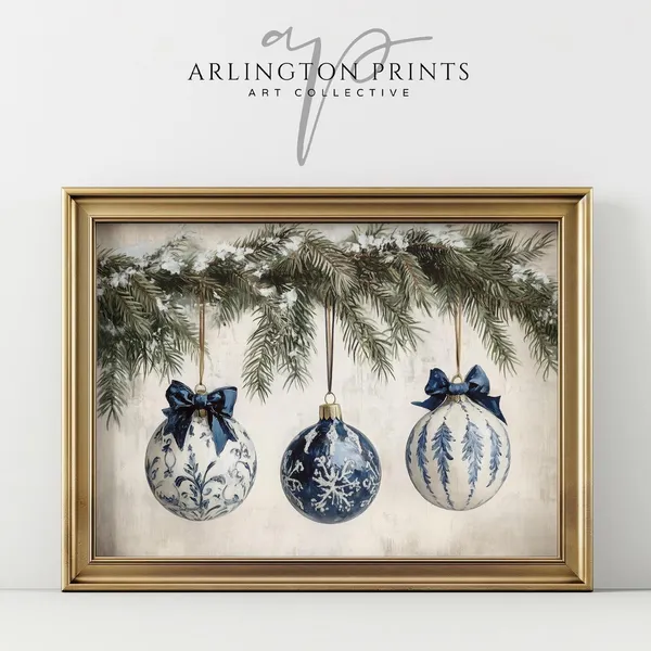 Blue Floral Christmas Ornaments Vintage Holiday Poster
