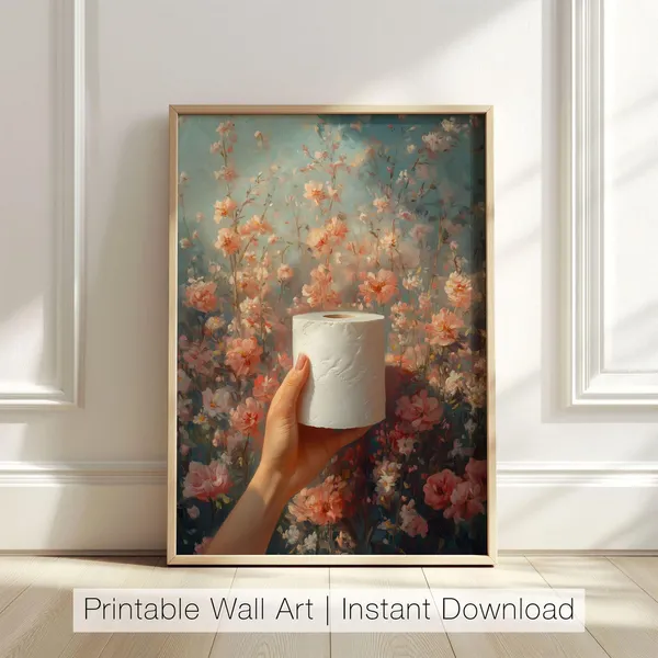 Floral Bathroom Funny Toilet Print, Cottagecore Art