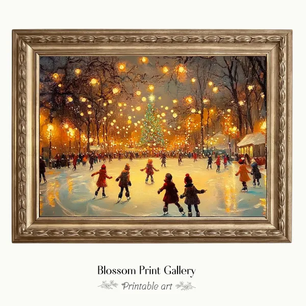 Vintage Winter Ice Skating Scene, Christmas City Art Print
