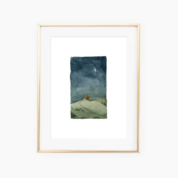 Christmas Nativity Night Watercolor Landscape Art Print